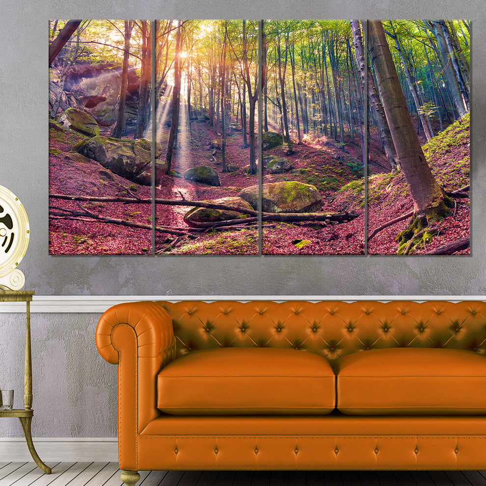 Autumn Morning in Mystical Woods, Landscape Canvas Print, 48"x28", 4 Panels