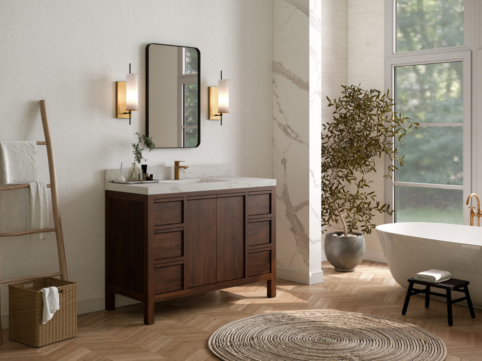 Elizabeth 48 Single Sink Bath Vanity in Dark Walnut Teak 2" Carrara Quartz