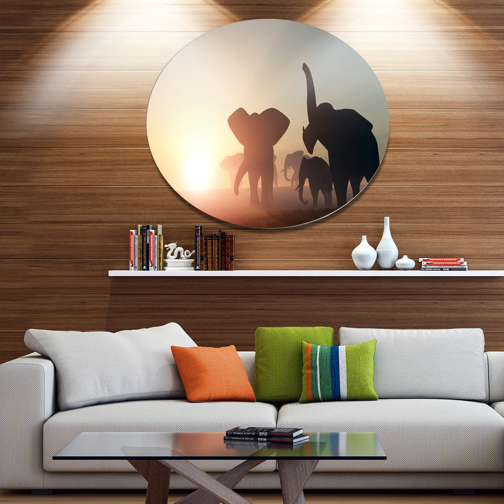 Group Of Elephants In The Wild, African Disc Metal Artwork, 23"