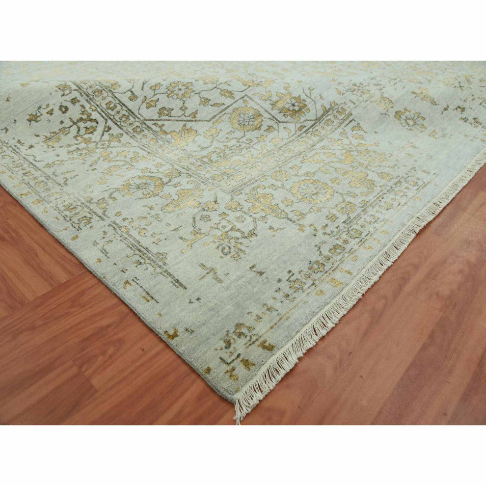 Gray Hand Knotted Broken Persian Erased Heriz Design Wool and Silk Rug, 10'x14'