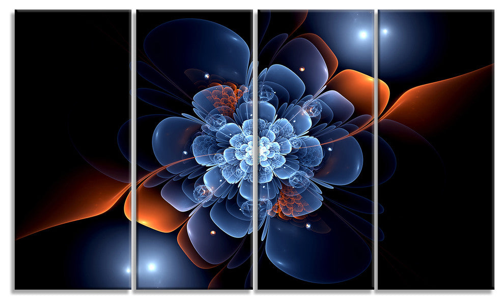 Fractal Flower with Orange Flame, Floral Canvas Art Print, 48"x28", 4 Panels