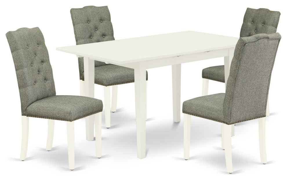 5Pc Kitchen Dining Set, Nail Head Chairs, Butterfly Leaf Table, Linen White