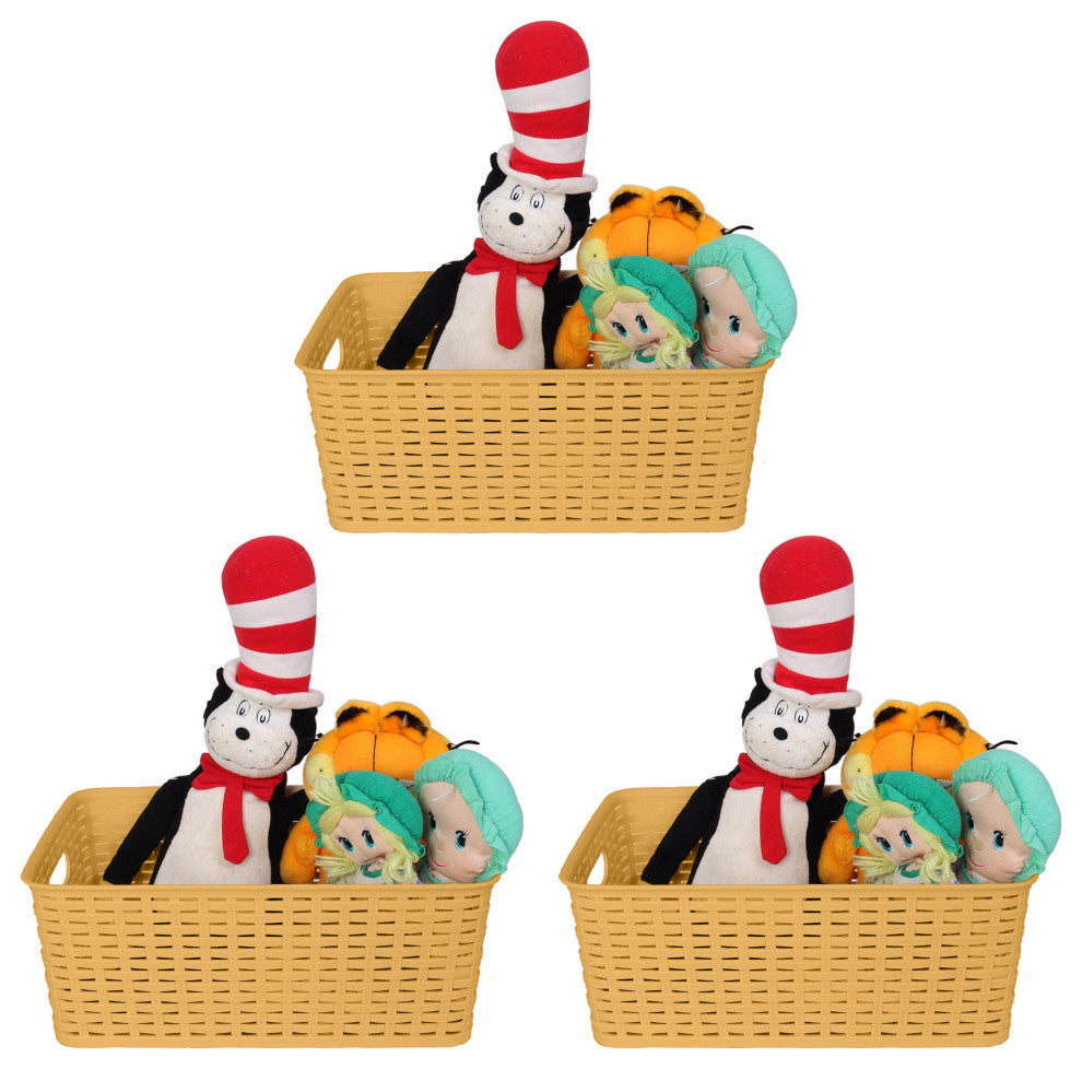 Plastic Rattan Storage Box Basket Organizer, Beige, Medium-Pack of 3