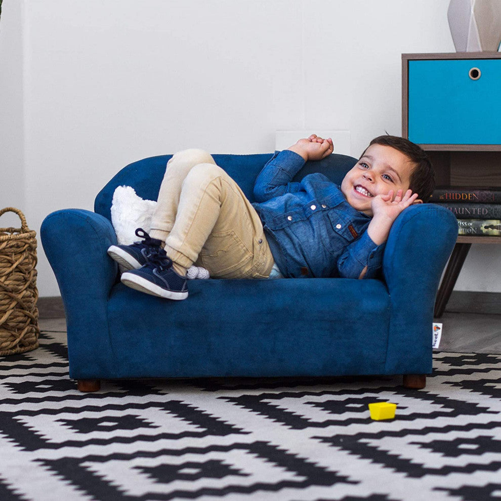 Modern Plush Childrens Sofa with Accent Pillows, Navy