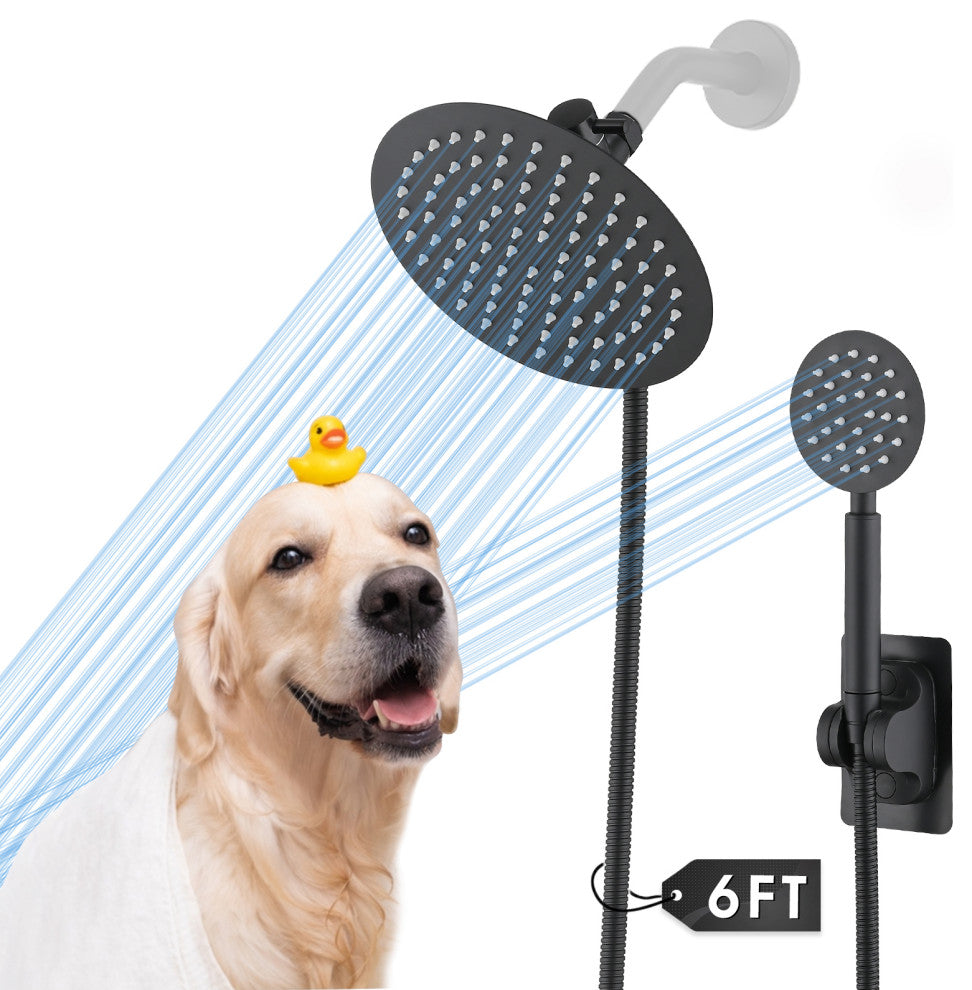 Full Metal Round Hand Shower, High Pressure 8'' Stainless Steel Rain Shower Set, Matte Black