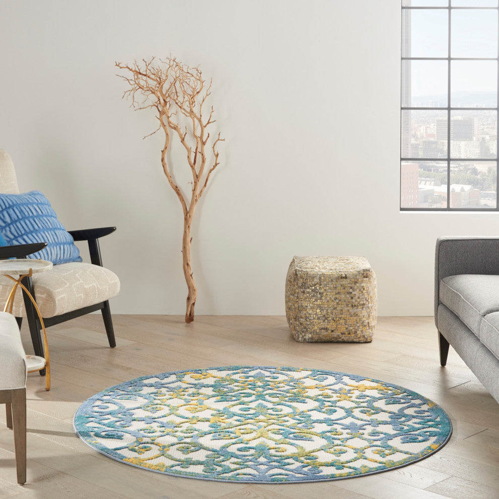 Nourison Aloha 4' x Round Ivory Blue Contemporary Area Rug