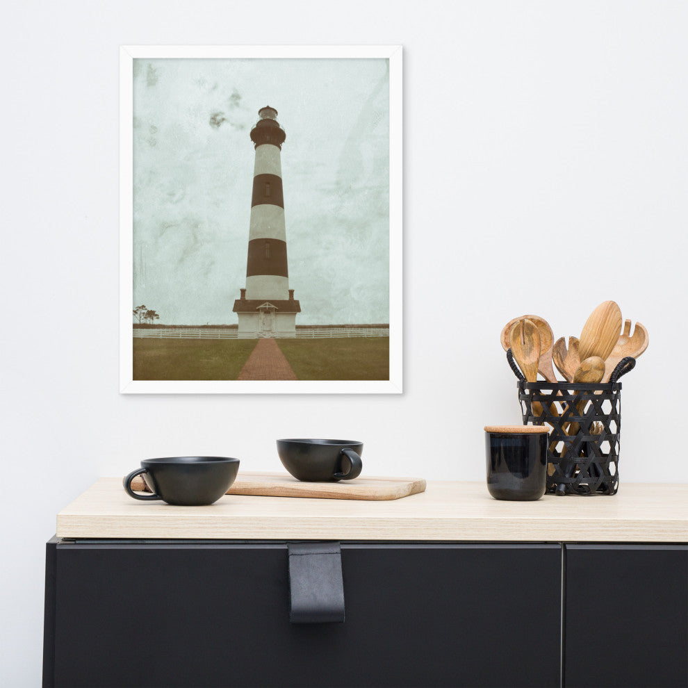 Aged Bodie Lighthouse Landscape Framed Photo Paper Wall Art Prints, White, 16" X 20"