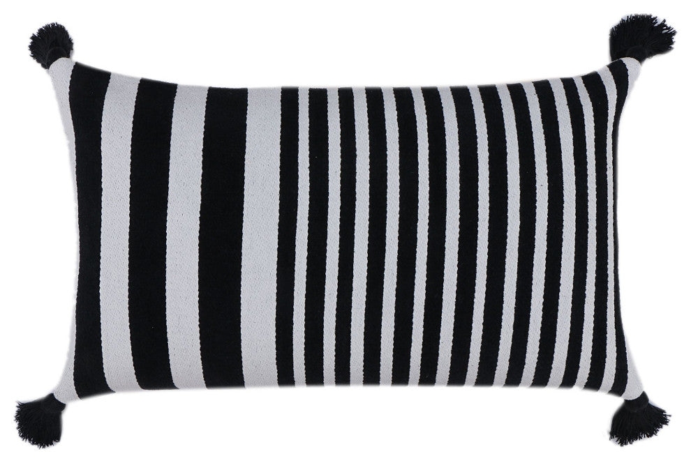 Black & Natural Machine Woven with Tassels Raulston Throw Pillow, 16" x 26"