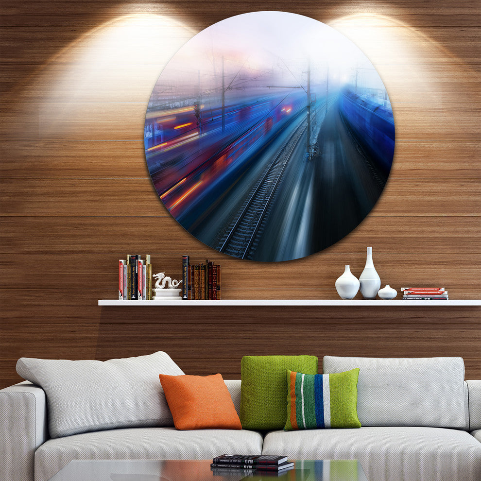 Train Movements At Twilight, Landscape Photo Round Wall Art, 11"