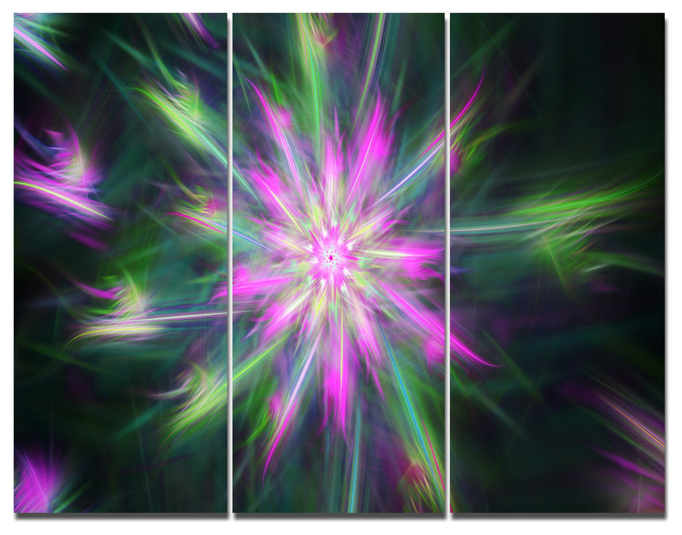 Green Fractal Shining Bright Star, Abstract Triptych Canvas Art, 36x28, 3 Panels