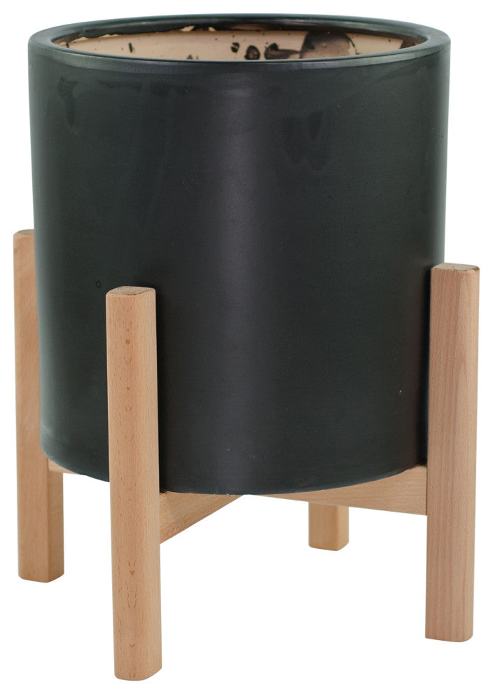 Extra Large Ceramic Cylinder Pot 13'' Black With Plant Stand Set Natural Color