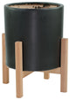 Extra Large Ceramic Cylinder Pot 13'' Black With Plant Stand Set Natural Color