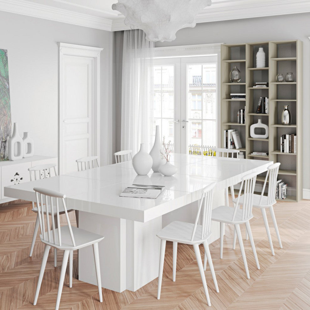 Contemporary Thick Large Wood Dining Table, High Gloss White