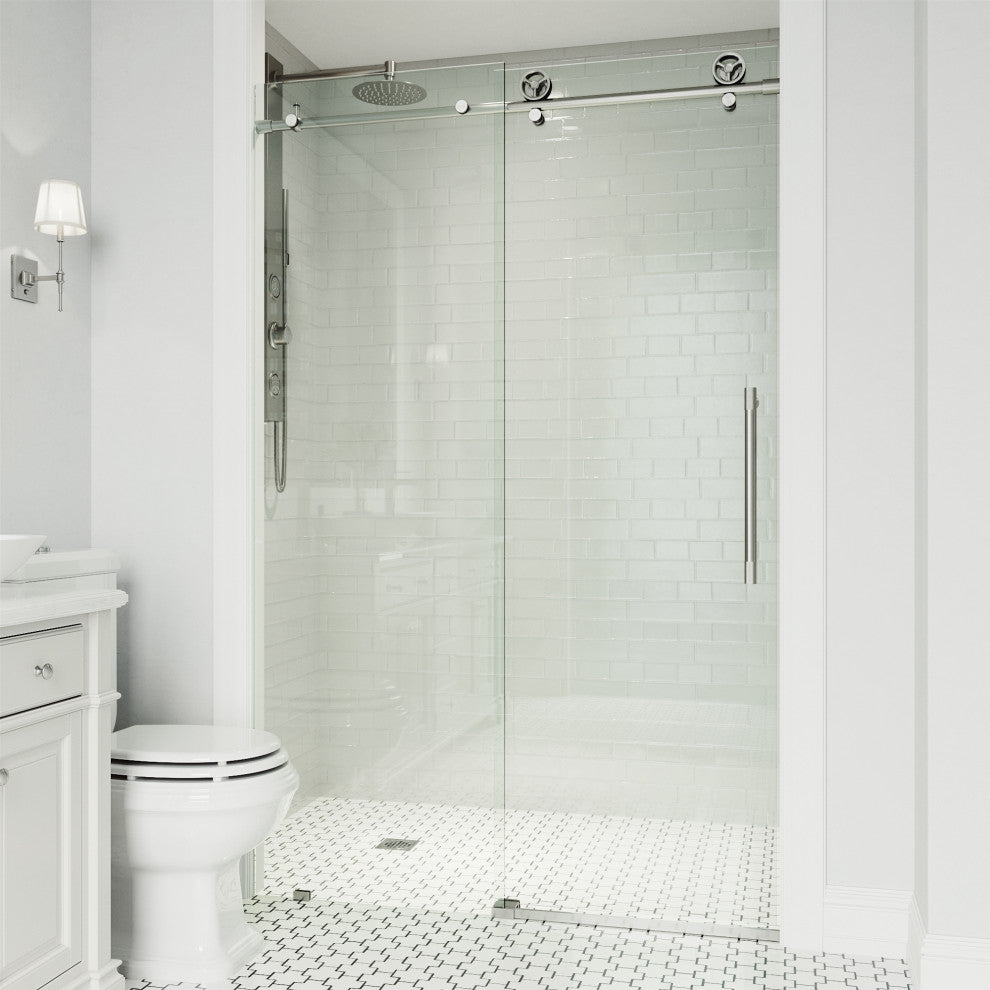 VIGO Elan Cass Aerodynamic 60" to 64" W x 76" H Frameless Sliding Shower Door, Stainless Steel, Clear Glass