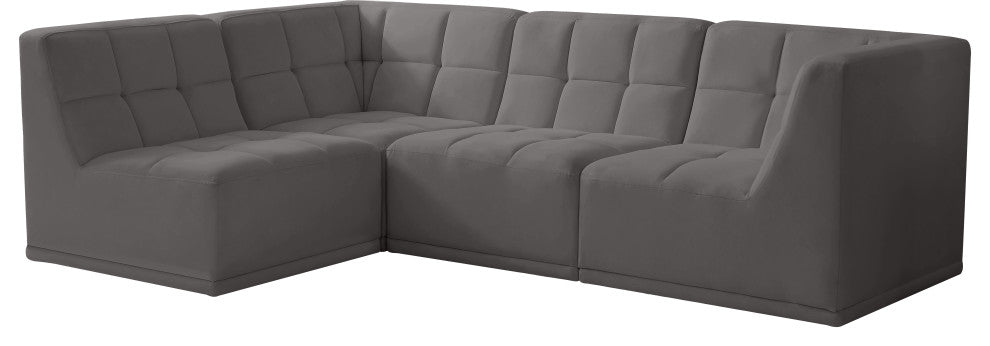 Relax Velvet Upholstered 4-Piece L-Shaped Modular Sectional, Grey