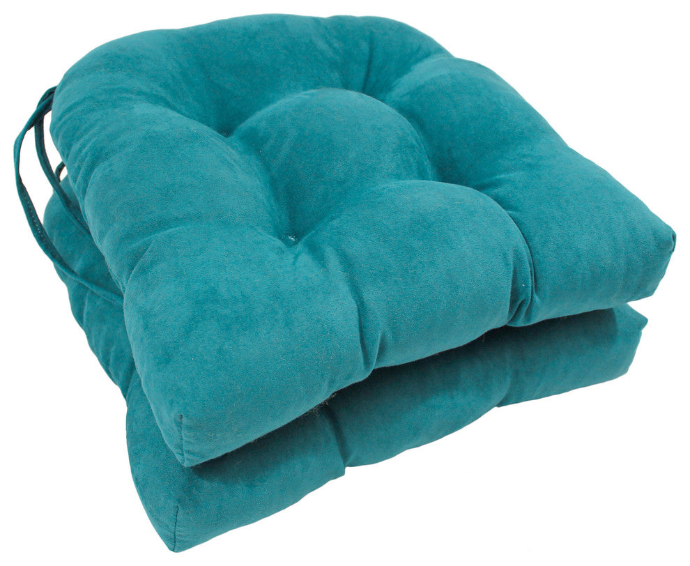 16" Solid Microsuede U-shaped Tufted Chair Cushions, Set of 2, Aqua Blue
