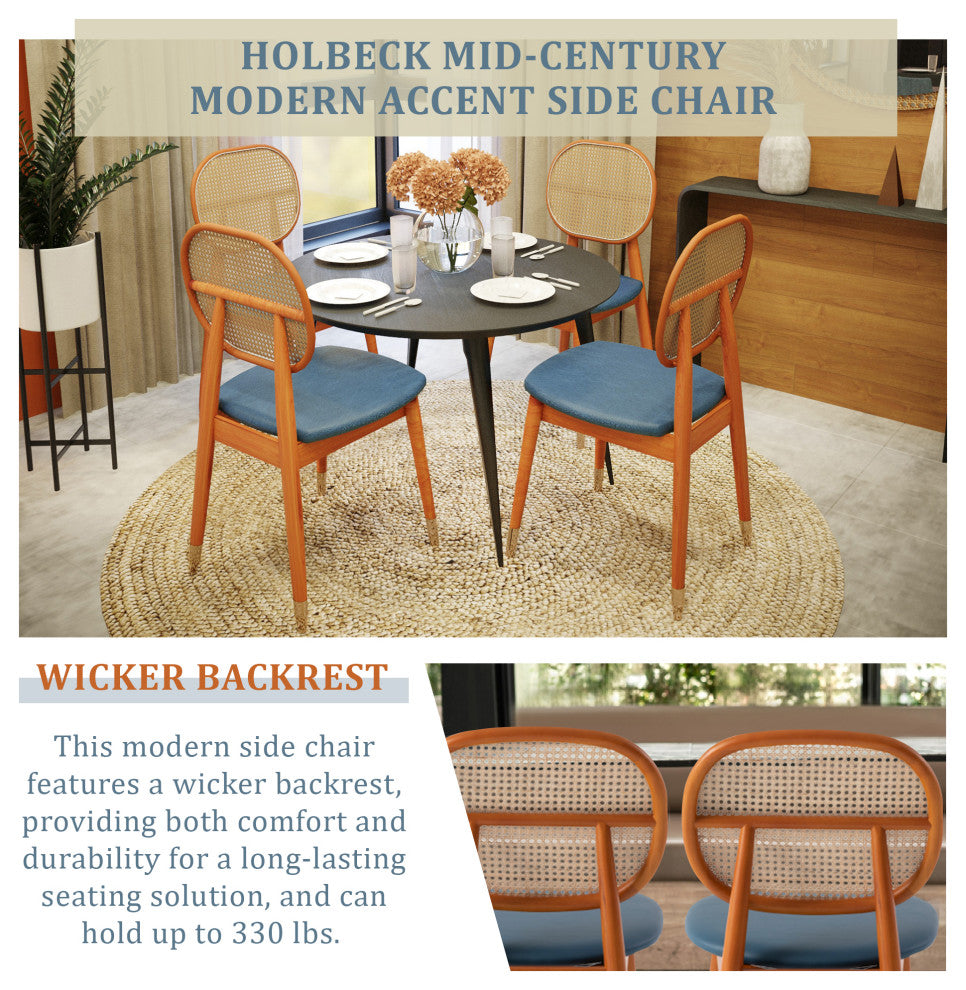 LeisureMod Holbeck Modern Dining Chair with Wood Legs and Wicker Back, Navy Blue