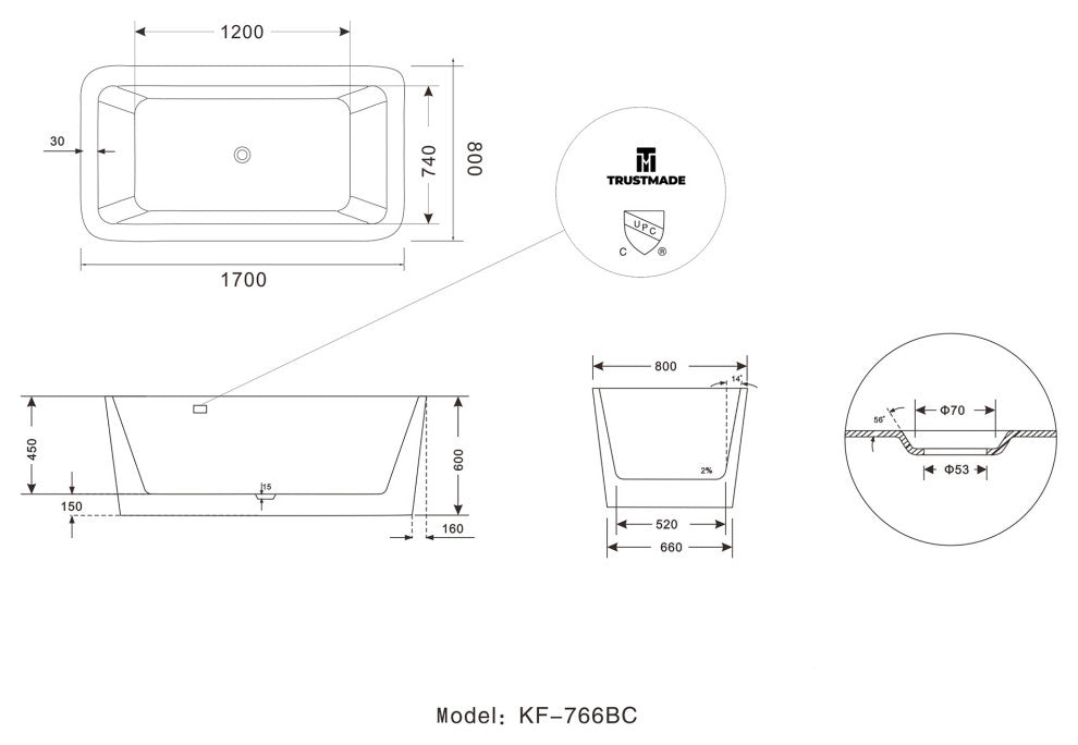 67" Acrylic Roll-Top Flatbottom Non-Whirlpool Bathtub, White