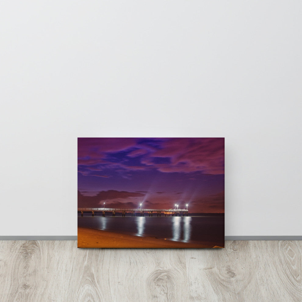 The Pier at Woodland Beach Night Photography Canvas Wall Art Print, 12" X 16"