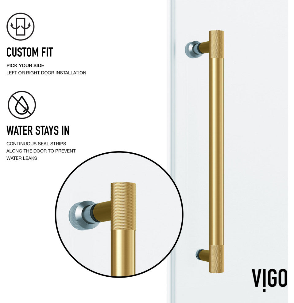 VIGO Hamilton Frameless Sliding, Matte Brushed Gold, Tub Door, 56" to 60" W X 68" H, Clear Glass