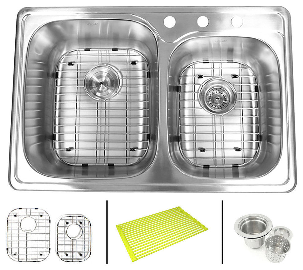 33" Topmount Drop-In Stainless Steel 60/40 Kitchen Sink Combo