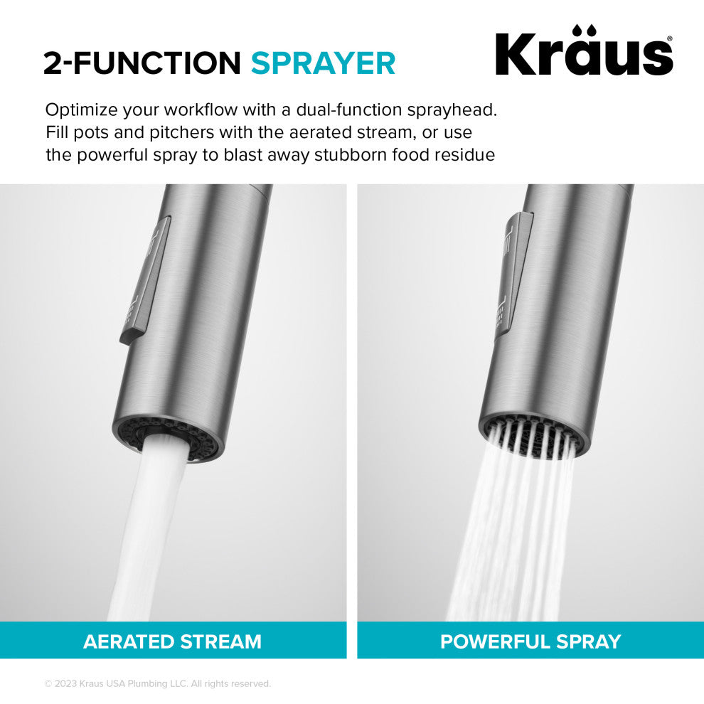 KRAUS Oletto 2-Function Pulldown 3-Hole Bridge Kitchen Faucet, Spot Free ACB