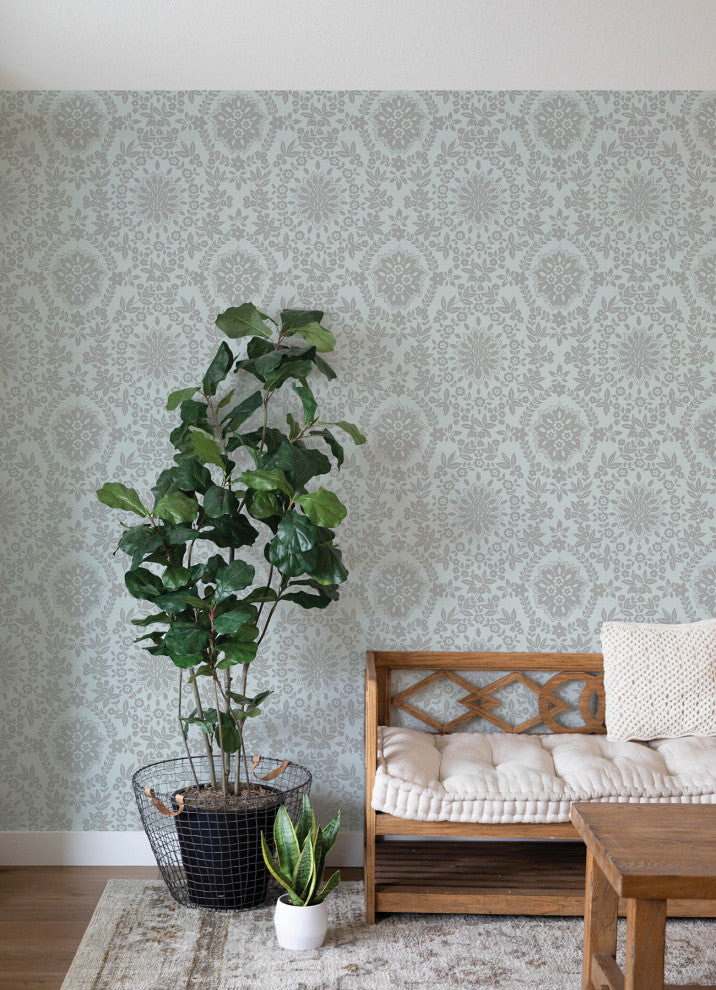 Blue & Silver Boho Baroque Damask Peel & Stick Wallpaper