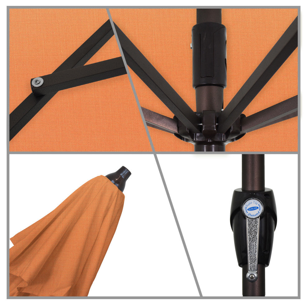 9' Bronze Auto-tilt Crank Lift Aluminum Umbrella, Sunbrella, Tangerine
