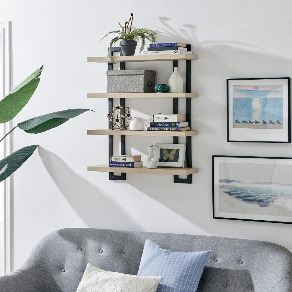 Danya B. 4-Tier Floating Bracket Wall Shelf Metal and MDF Finish, White Birch