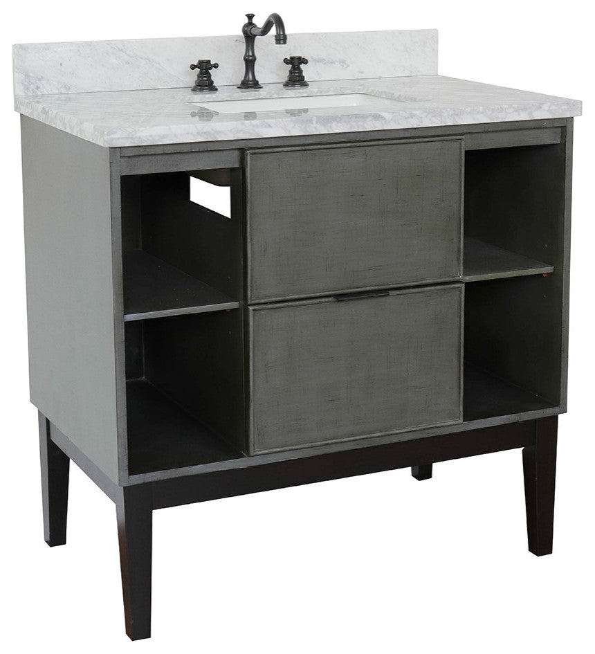 37" Single Vanity, Linen Gray Finish With White Carrara Top And Rectangle Sink