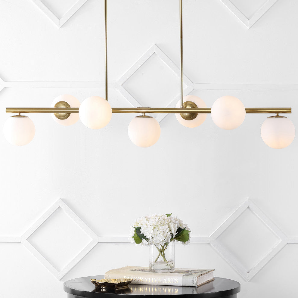 Luca Parisian 53" 7-Light Modern Iron Globe Linear LED Pendant, Brass Gold/White