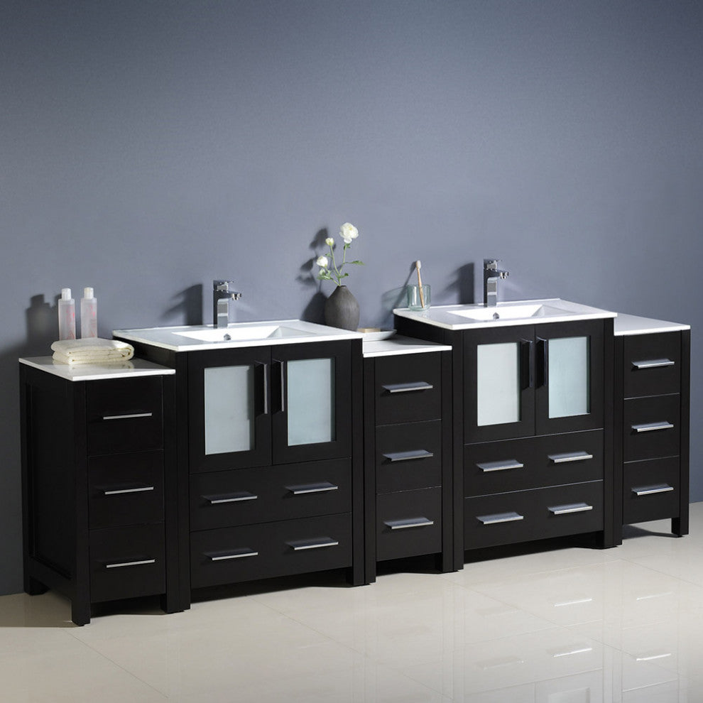 Torino 84" Double Bathroom Cabinet, Espresso, With Top and Integrated Sinks