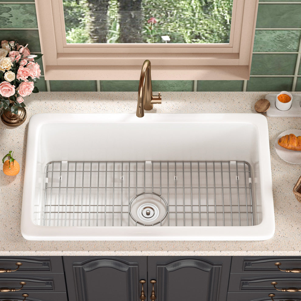 32"L x 19"W Undermount Fireclay Kitchen Sink with Sink Grid and Basket Strainer