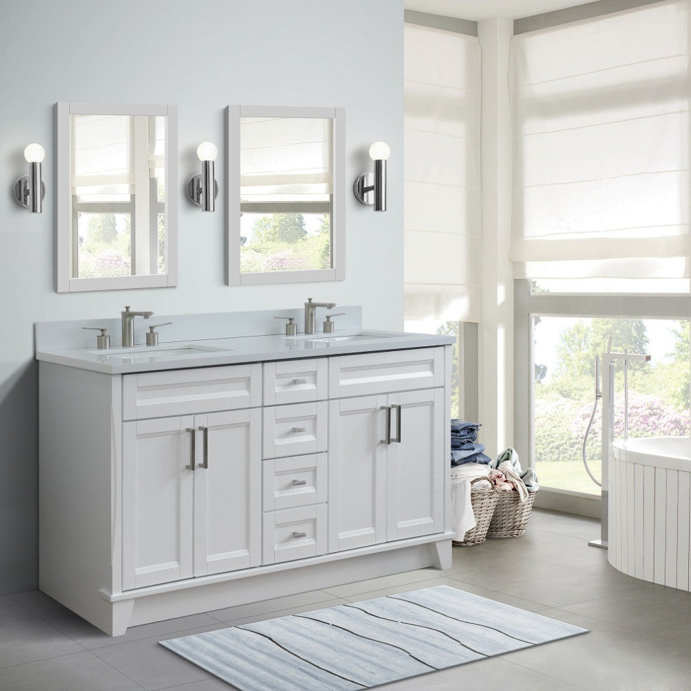 61" Double Sink Vanity, White Finish And Engineered Stone Top And Rectangle Sink