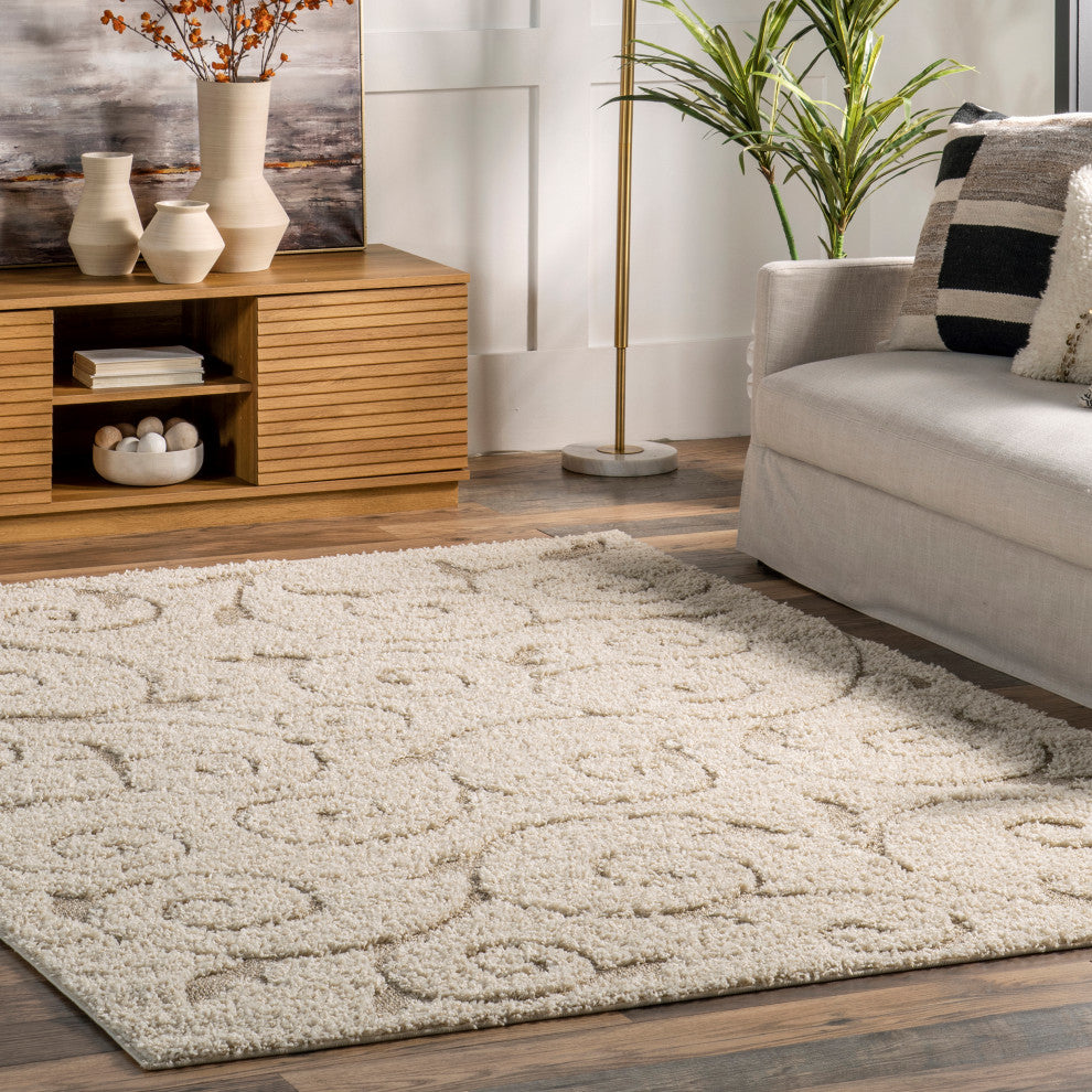 Nuloom Swirls Low-High Shag Area Rug, Cream 3'3"x5'