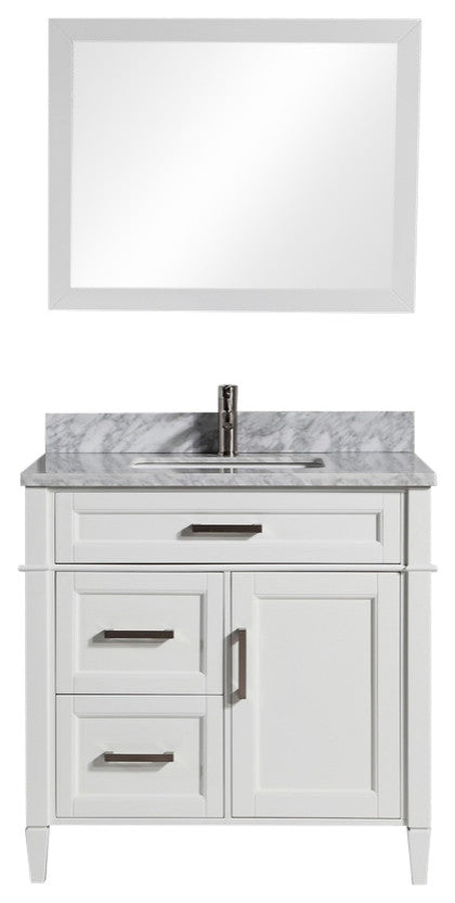 Vanity Set With Carrara Marble Top, 36", White, Standard Mirror
