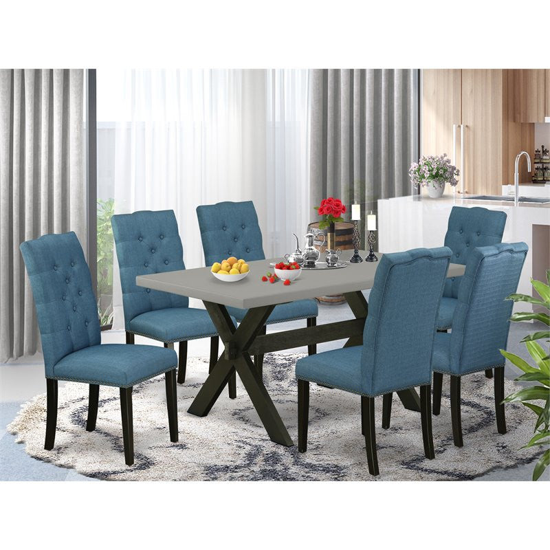 7-Piece Cement Color Table Top and 6 Linen Fabric Chairs, Wire Brushed Black