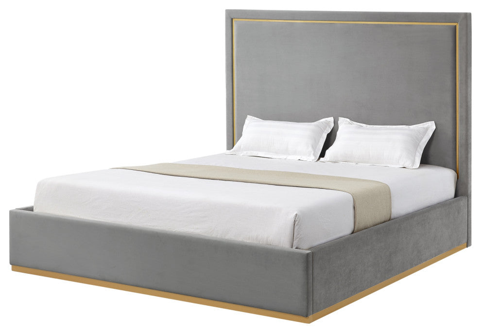 Inspired Home Marceline Bed Upholstered, Gray Velvet Queen