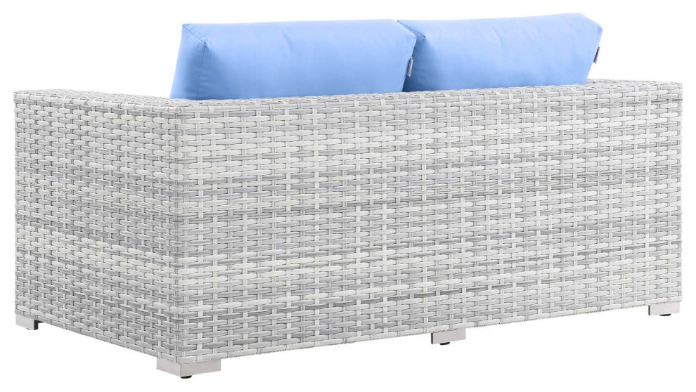 Lounge Loveseat Sofa, Rattan, Wicker, Gray Blue, Modern, Outdoor Patio Cafe