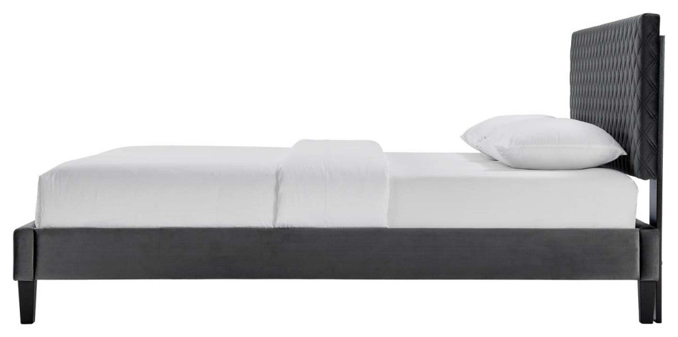 Platform Bed Frame, King Size, Charcoal Gray, Velvet, Modern, Guest Suite
