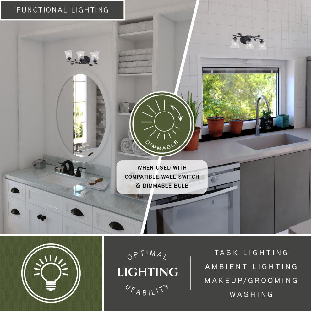 Fairwood 21" 3-Light Rustic Black Bathroom Vanity Fixture, Clear Glass Shade