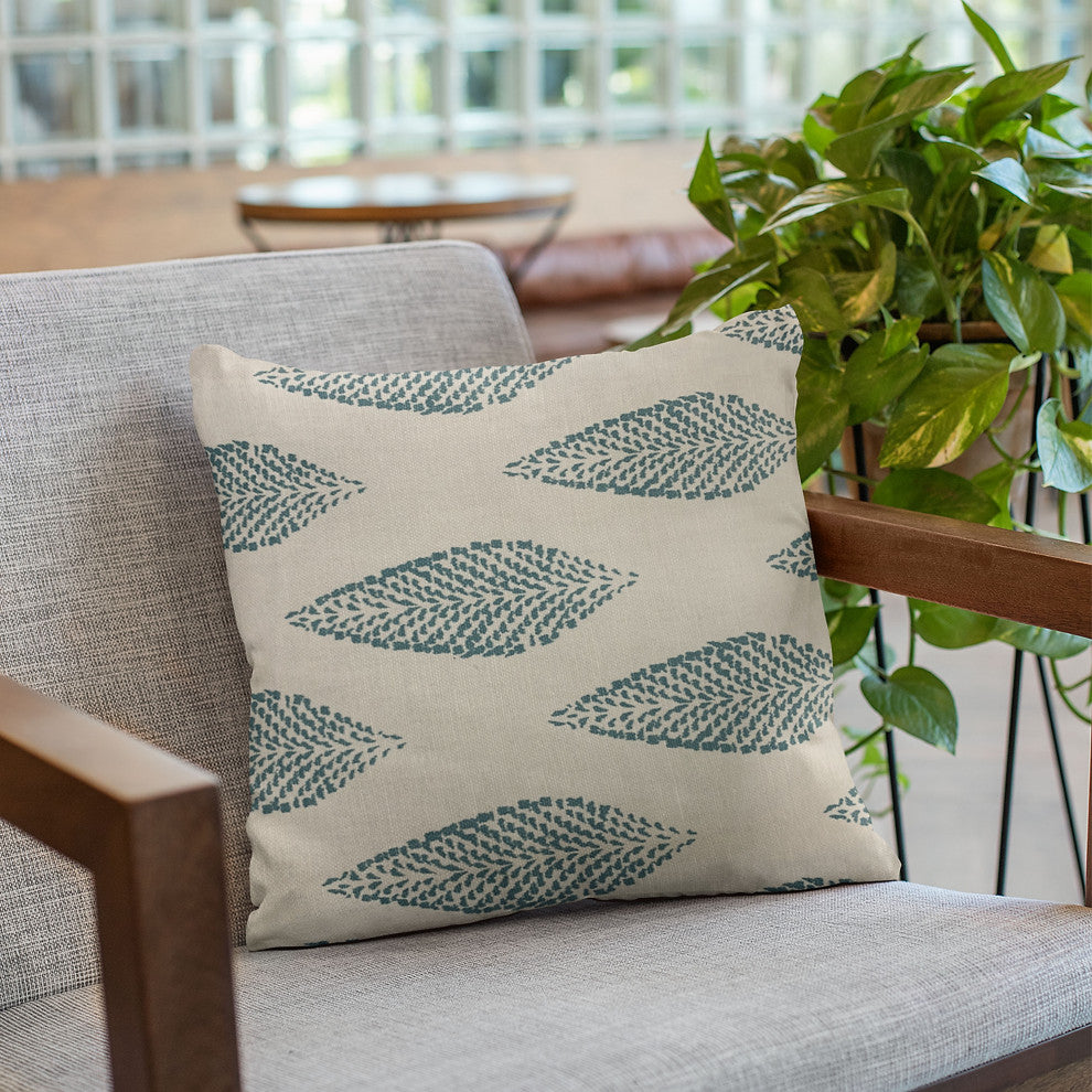 Plutus Blue Large Leafs Floral Luxury Throw Pillow, 18"x18"