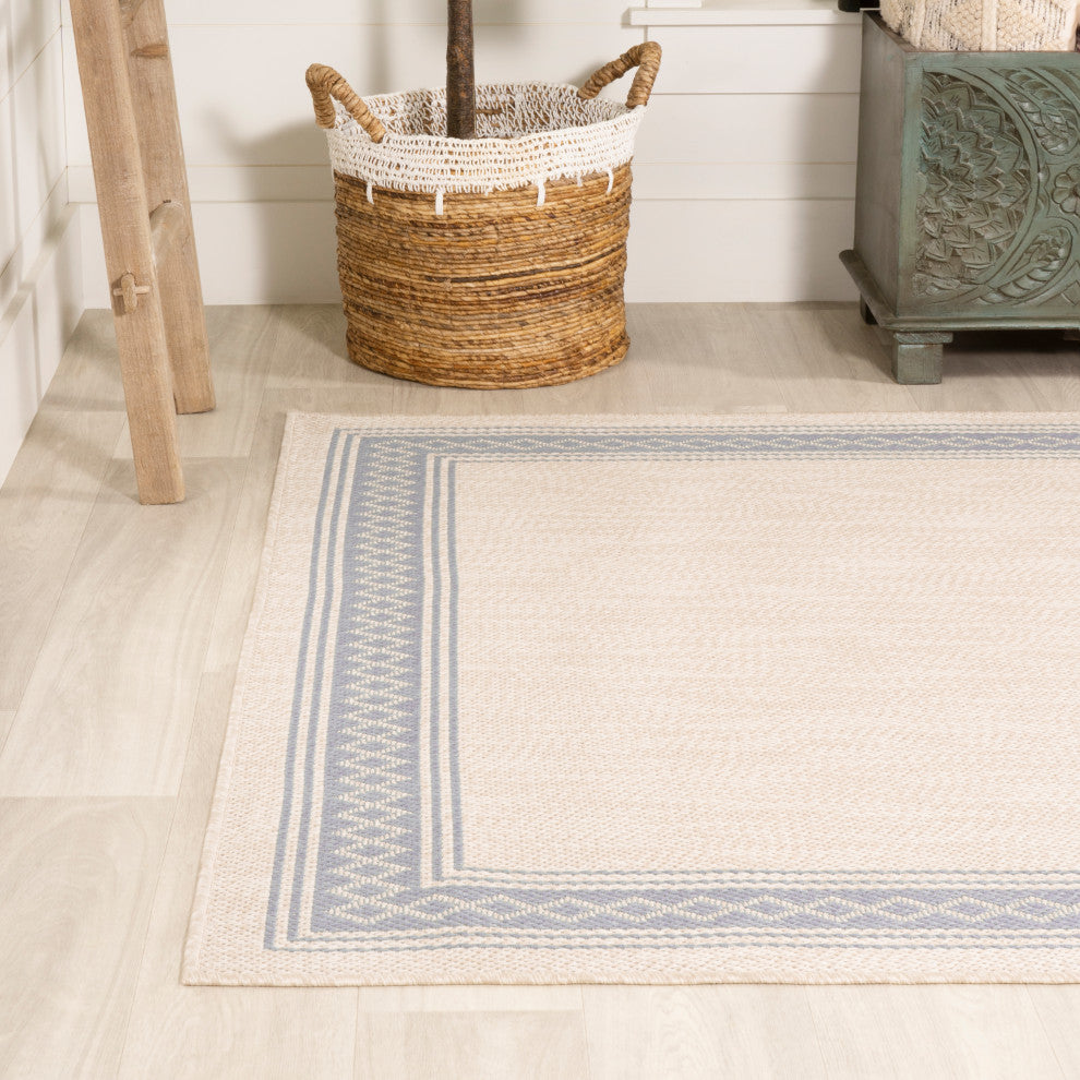 Lucia Classic Diamond Border Indoor/Outdoor Area Rug, Cream/Blue, 8x10