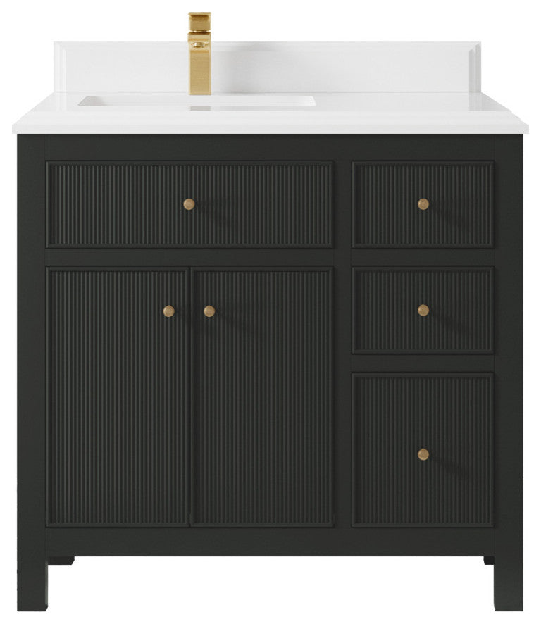 Sonoma 36" Left Offset Reeded Bath Vanity, Black Top 1.5" White Quartz