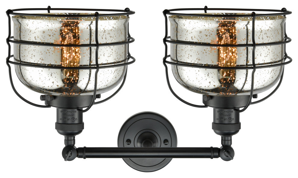 2-Light Large Bell Cage 18" Bath Fixture, Matte Black, Glass: Silver Mercury