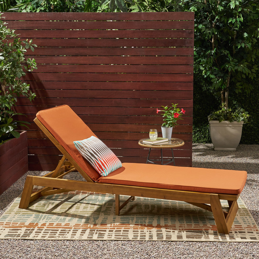 Charlotte Outdoor Acacia Wood Chaise Lounge and Cushion Set, Orange