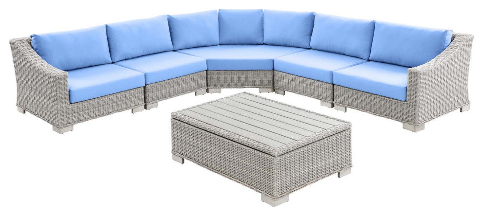 Lounge Sectional Sofa Chair Table Set, Rattan, Wicker, Gray Blue, Outdoor