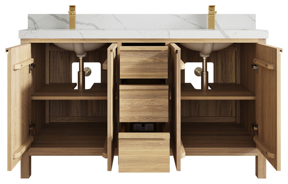 Elizabeth Oak 60" Double Sink Vanity, White 2" Calacatta Laza