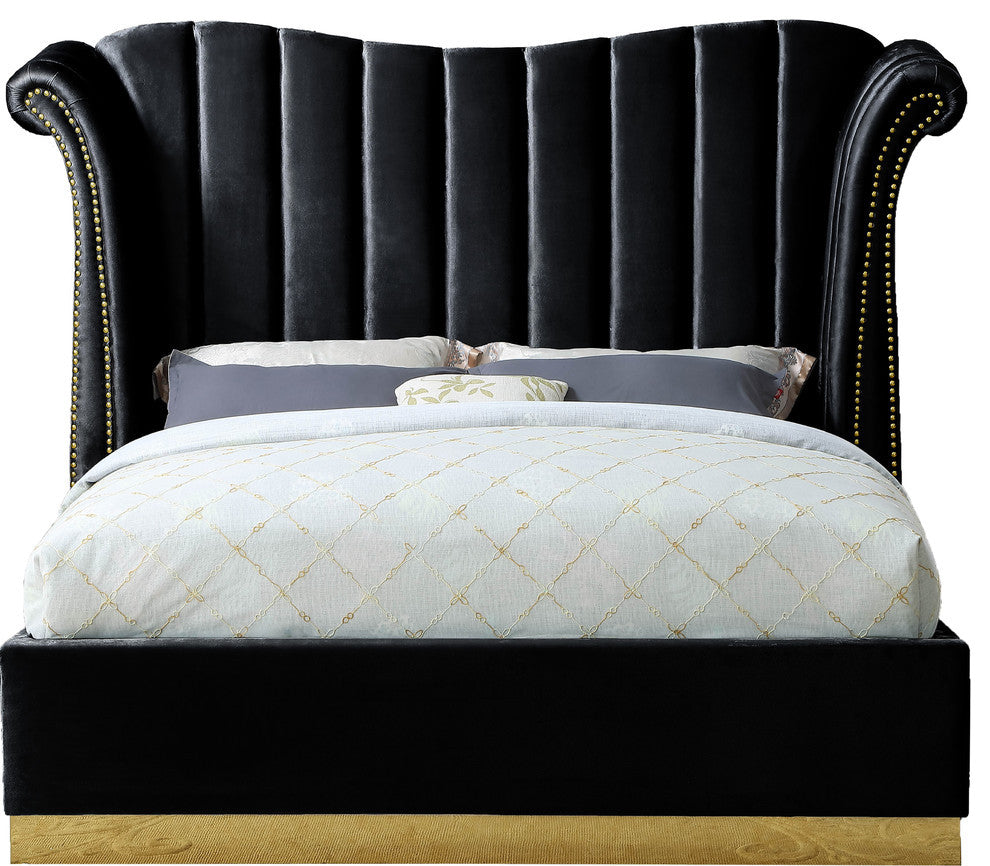 Flora Black Velvet Bed, Black, King