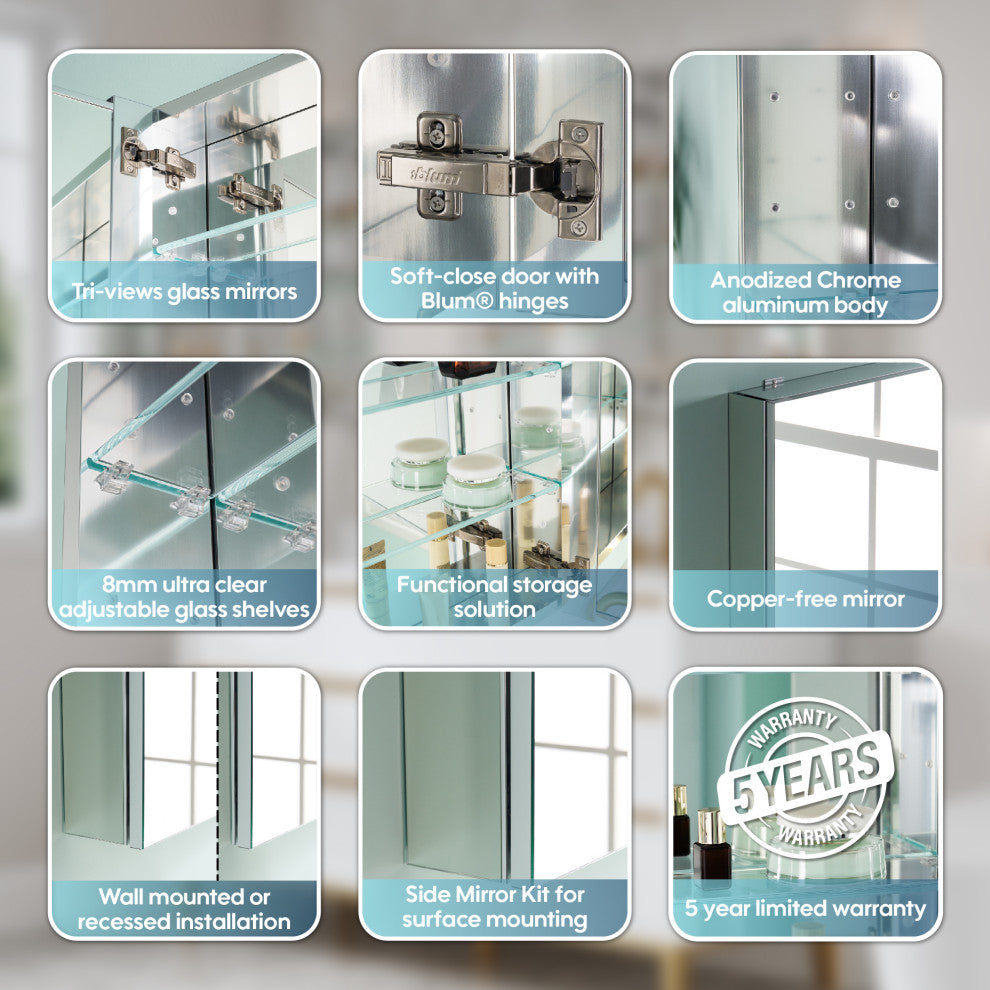 Recessed/Surface Mount Bathroom Medicine Cabinet, Reverse Installation, 92"x30"